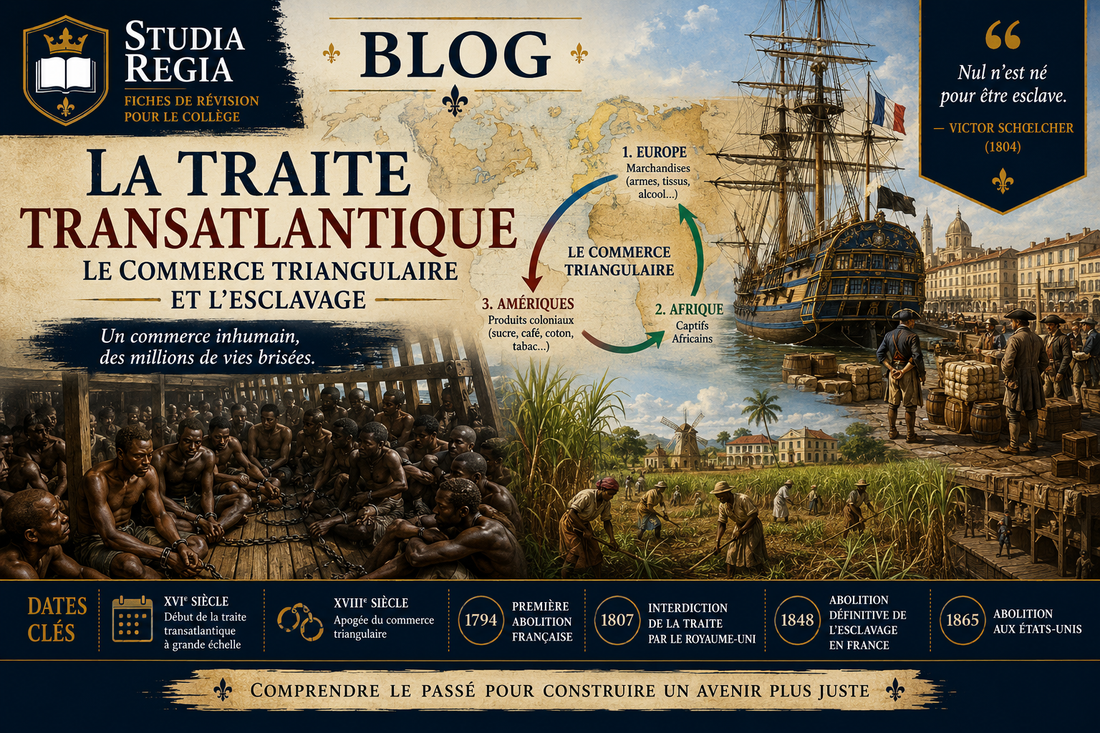 Navire négrier, commerce triangulaire entre l'Europe, l'Afrique et les Amériques, et travail dans les plantations illustrant la traite transatlantique aux Temps modernes.