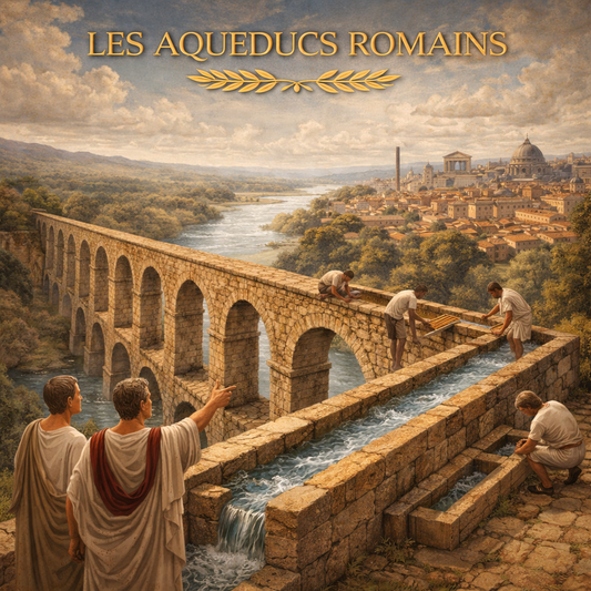 Aqueduc romain transportant l’eau vers une ville antique avec arches en pierre – fiche histoire 6e Studia Regia