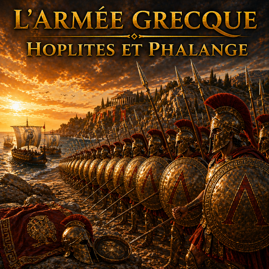 Hoplites grecs en formation de phalange avec boucliers et lances, armée grecque antique, fiche histoire 6e