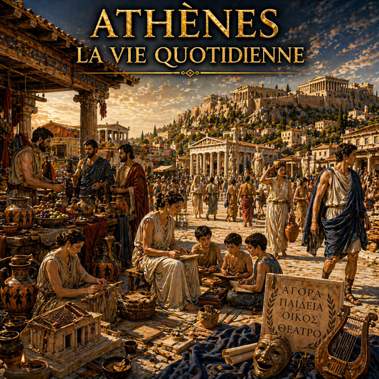 Vie quotidienne à Athènes avec agora, habitants, maison grecque et théâtre antique, fiche histoire 6e