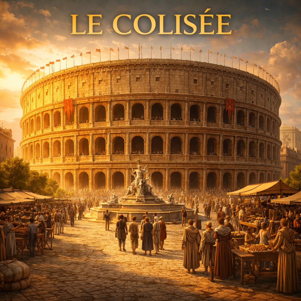 Le Colisée à Rome entouré de foule et de marchands dans l’Antiquité – fiche histoire 6e Studia Regia
