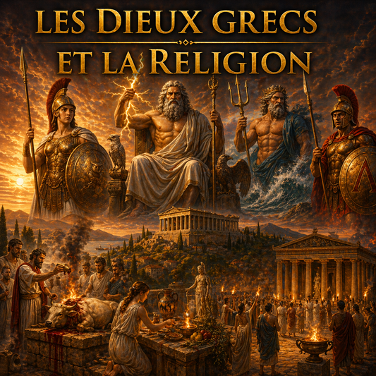Dieux grecs Zeus Athéna Poséidon avec rituels religieux et temple antique, religion grecque, fiche histoire 6e
