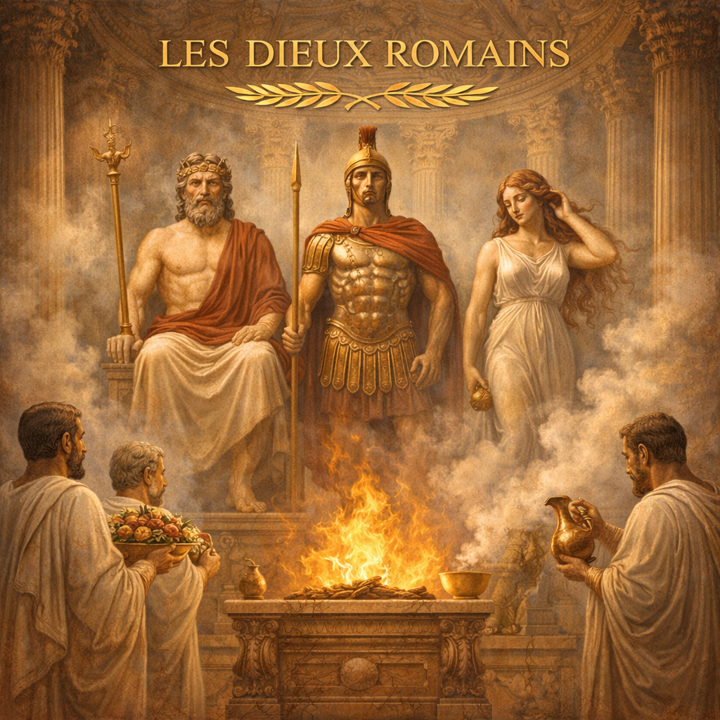 Dieux romains Jupiter, Mars et Vénus dans un temple avec autel et prêtres réalisant un sacrifice – fiche histoire 6e Studia Regia