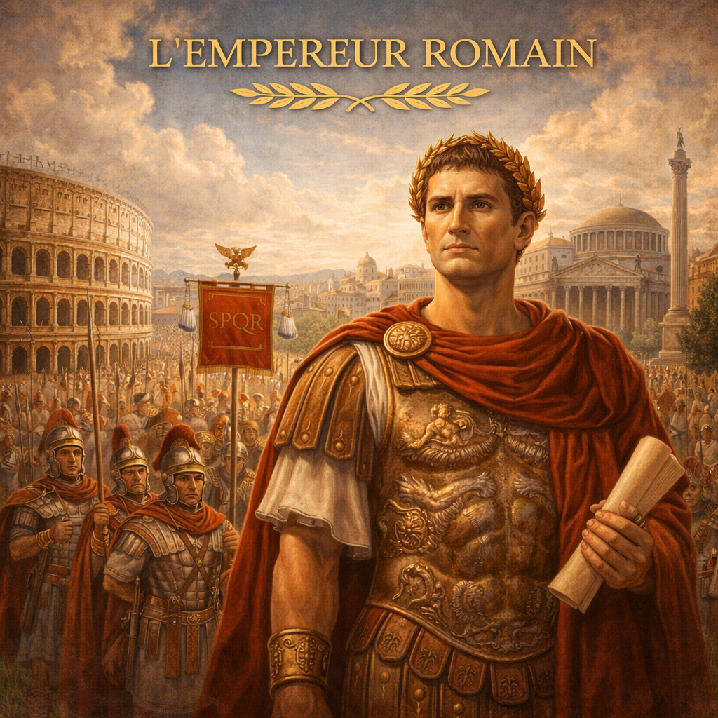 Empereur romain en tenue impériale avec couronne de laurier et soldats derrière lui – fiche histoire 6e Studia Regia