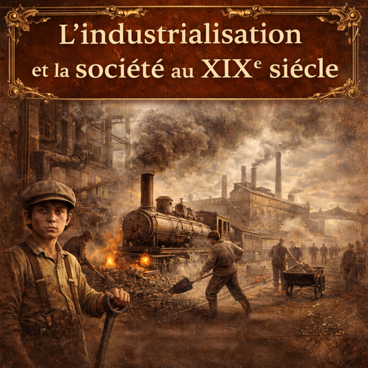 Illustration immersive représentant l’industrialisation et la société au XIXe siècle : usine, locomotive à vapeur et ouvriers, fiche d’Histoire 4e PDF.