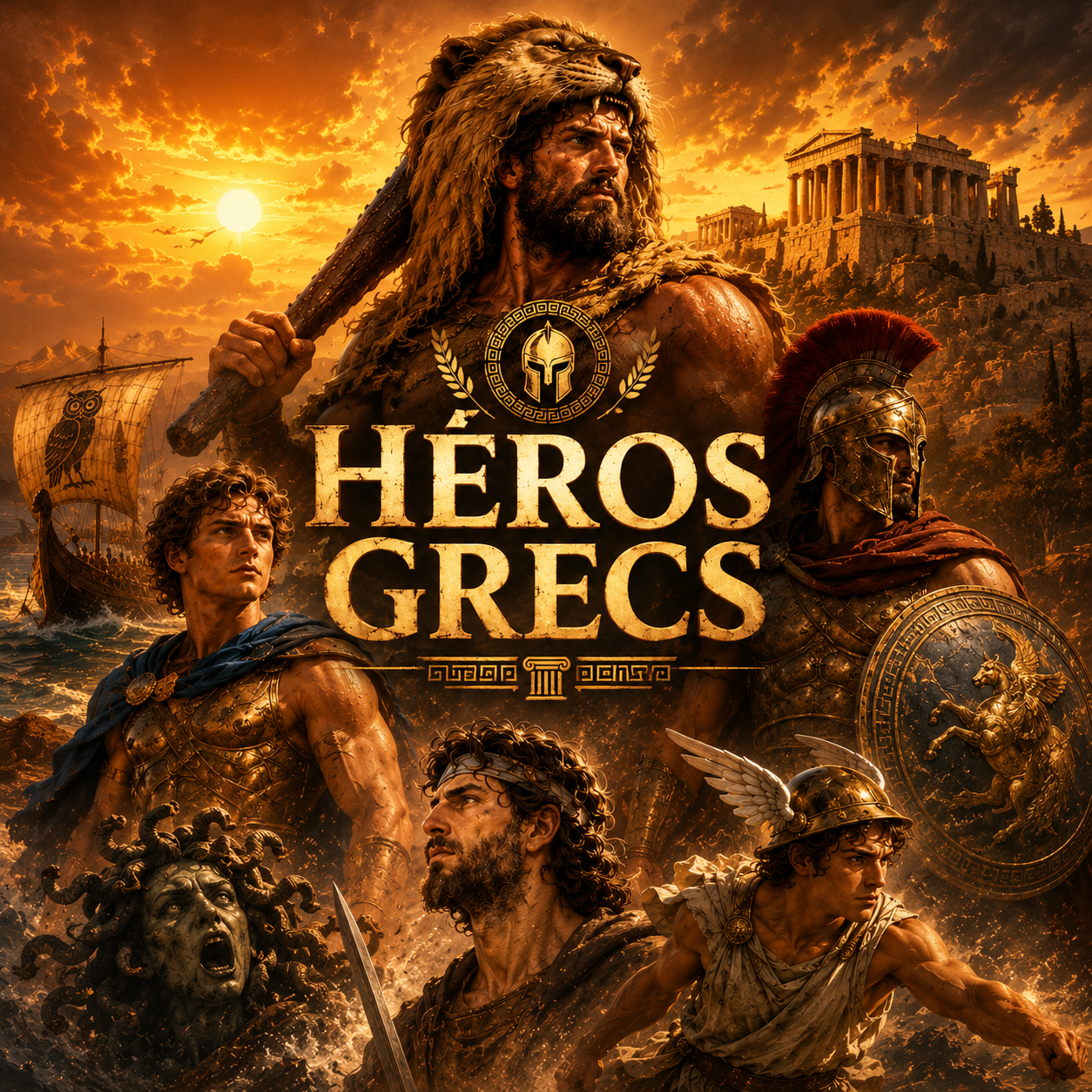 Héros grecs de la mythologie antique avec Achille, Héraclès et guerriers grecs dans un visuel immersif cinématographique style Studia Regia.