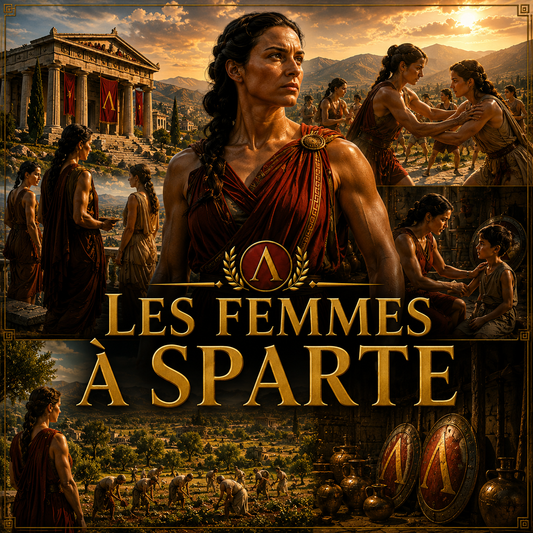 Visuel immersif sur les femmes à Sparte avec femmes spartiates, éducation physique et vie dans la société spartiate de la Grèce antique style Studia Regia.