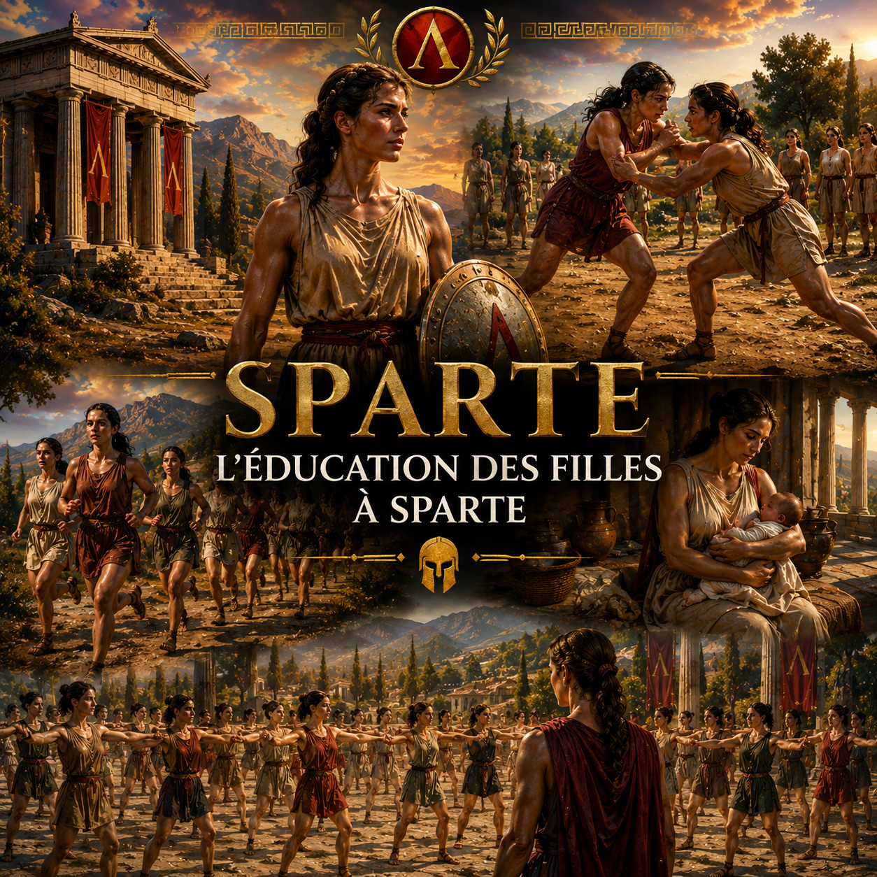 éducation des filles à Sparte avec jeunes Spartiates, entraînement physique et vie dans la société spartiate de la Grèce antique style Studia Regia.