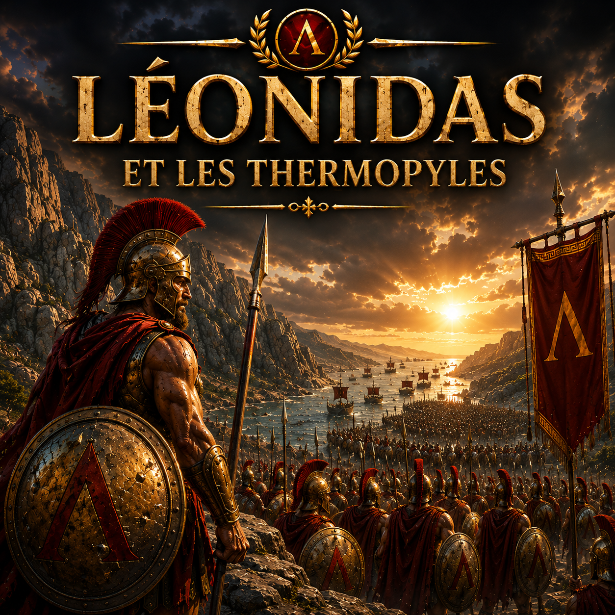 Léonidas et la bataille des Thermopyles avec soldats spartiates, armée perse et combat héroïque dans la Grèce antique style Studia Regia.