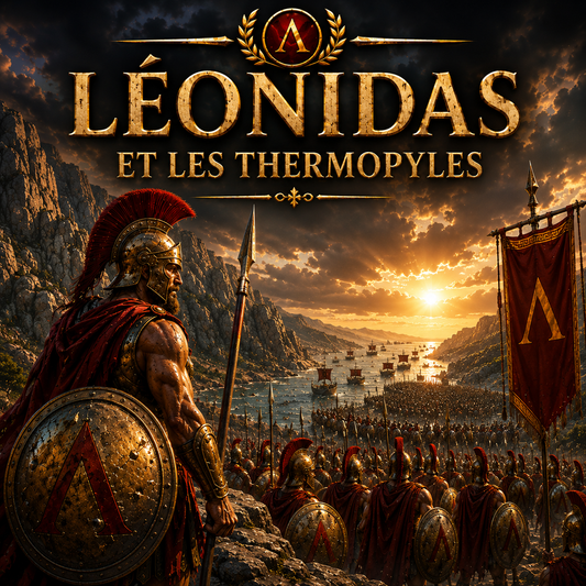 Léonidas et la bataille des Thermopyles avec soldats spartiates, armée perse et combat héroïque dans la Grèce antique style Studia Regia.