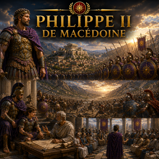 Visuel immersif sur Philippe II de Macédoine avec phalange macédonienne, soldats grecs et unification de la Grèce antique style Studia Regia.