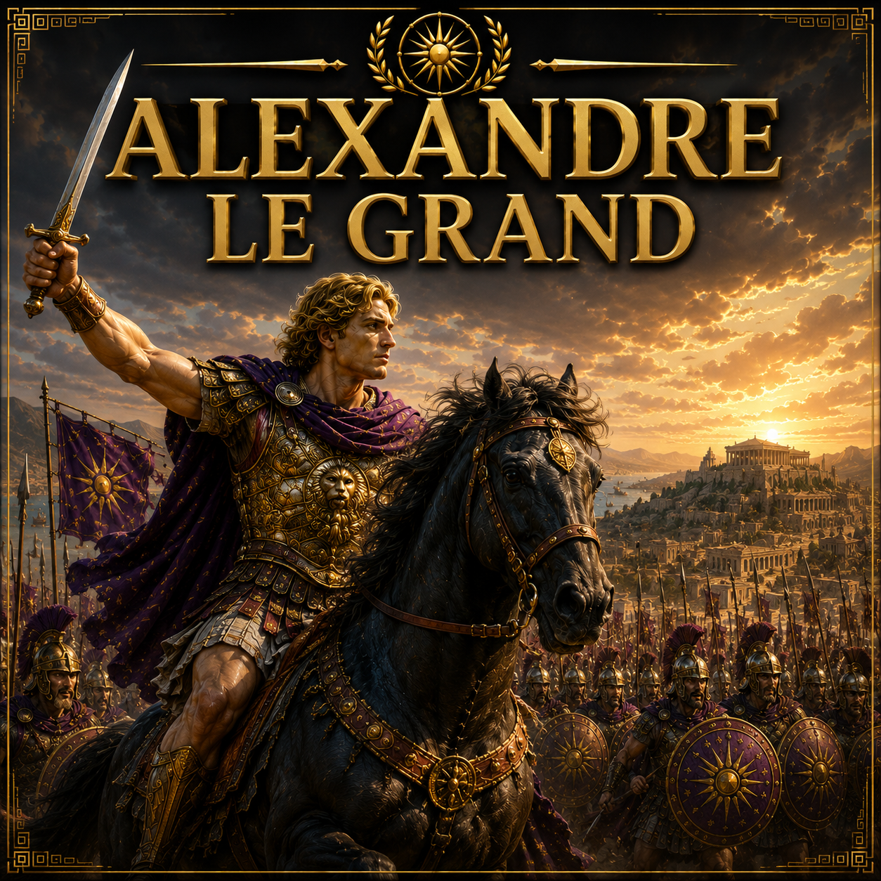 Alexandre le Grand avec armée macédonienne, conquête de l’Empire perse et grandes batailles de la Grèce antique style Studia Regia.