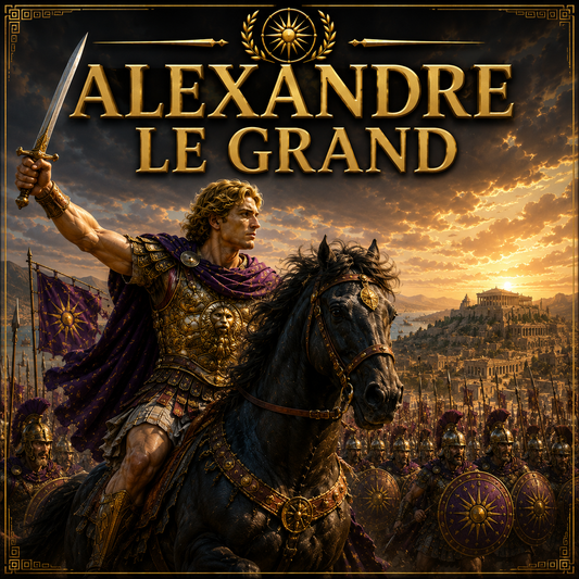 Alexandre le Grand avec armée macédonienne, conquête de l’Empire perse et grandes batailles de la Grèce antique style Studia Regia.