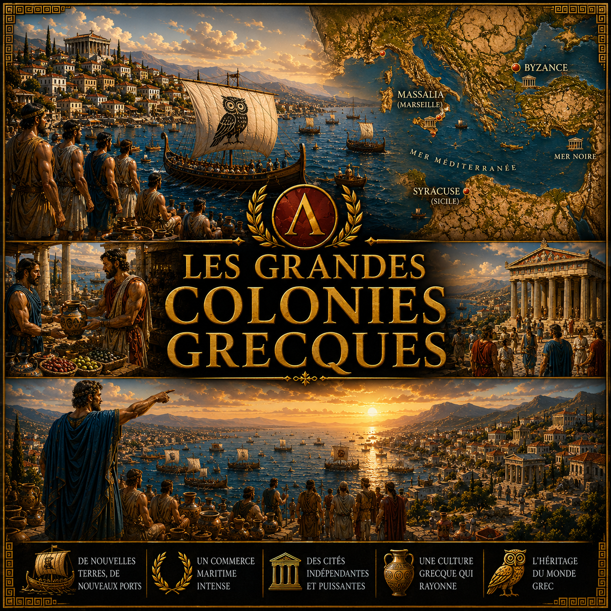 Les grandes colonies grecques – fiche de révision Histoire 6e sur la colonisation grecque, Massalia, Syracuse, Byzance et le commerce méditerranéen.