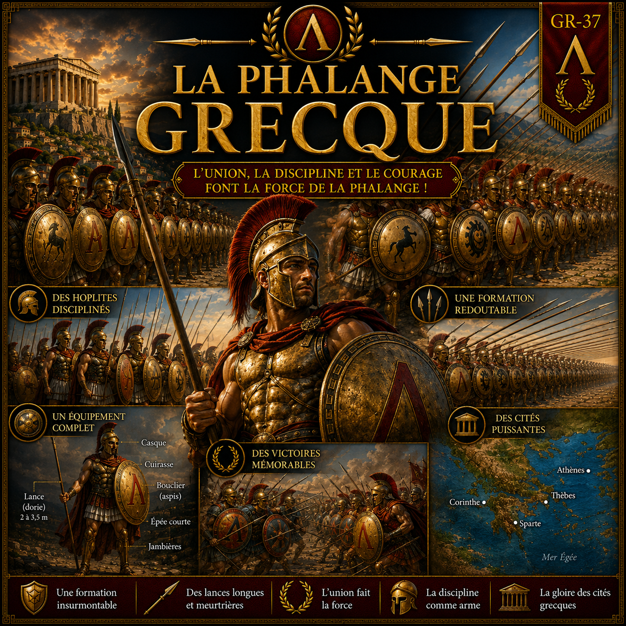 La phalange grecque – fiche de révision Histoire 6e présentant les hoplites, leur équipement, la formation militaire grecque et les grandes batailles de l'Antiquité.
