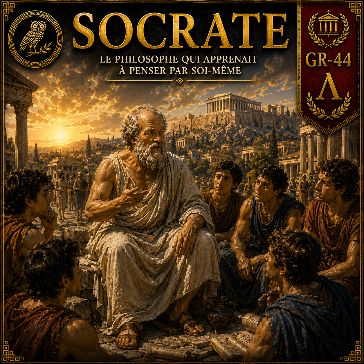 Socrate – fiche de révision Histoire 6e présentant le philosophe grec, la maïeutique, son procès et son héritage intellectuel.
