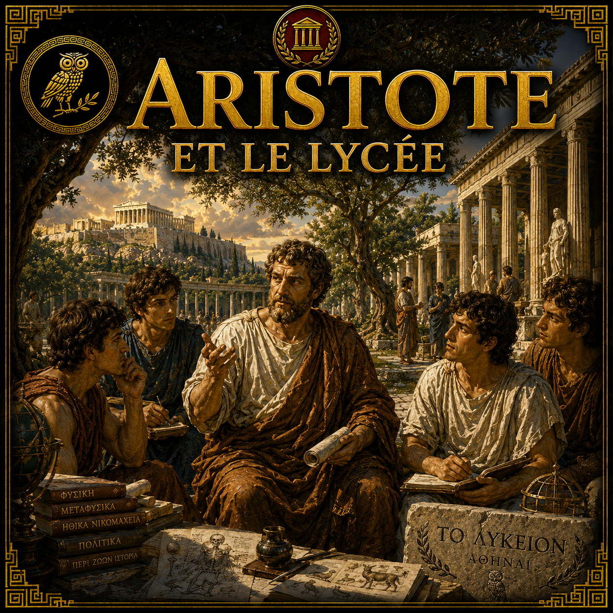 Aristote et le Lycée – fiche de révision Histoire 6e présentant le philosophe grec, son école d'Athènes et son héritage scientifique et philosophique.