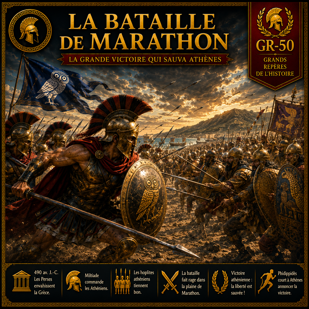La bataille de Marathon en 490 av. J.-C., fiche d'histoire 6e illustrée montrant les hoplites athéniens affrontant l'armée perse.