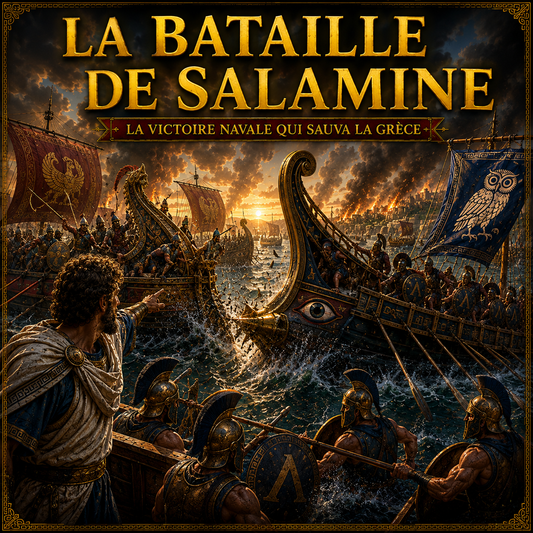La bataille de Salamine en 480 av. J.-C., fiche d'histoire 6e illustrée montrant les trières grecques affrontant la flotte perse de Xerxès.