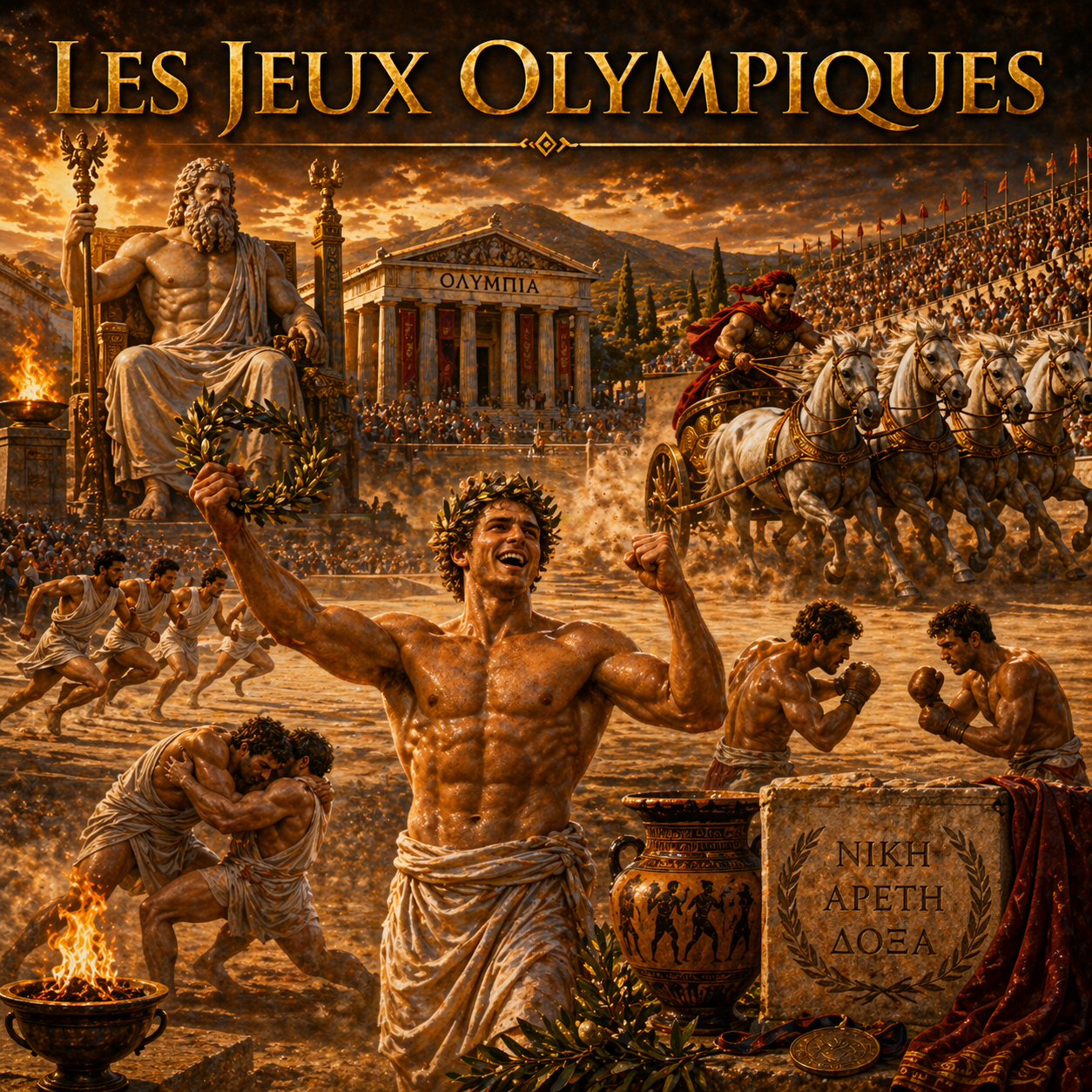 Jeux olympiques antiques avec athlètes grecs en course, lutte et victoire à Olympie, fiche histoire 6e