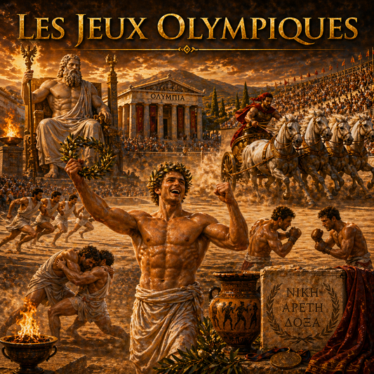 Jeux olympiques antiques avec athlètes grecs en course, lutte et victoire à Olympie, fiche histoire 6e