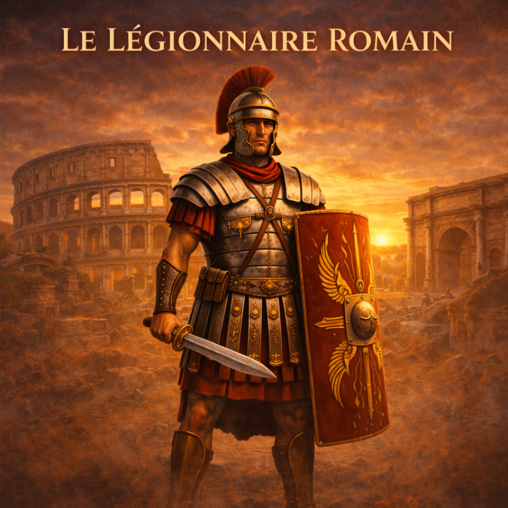 Légionnaire romain en armure avec bouclier scutum et casque – fiche histoire 6e Studia Regia