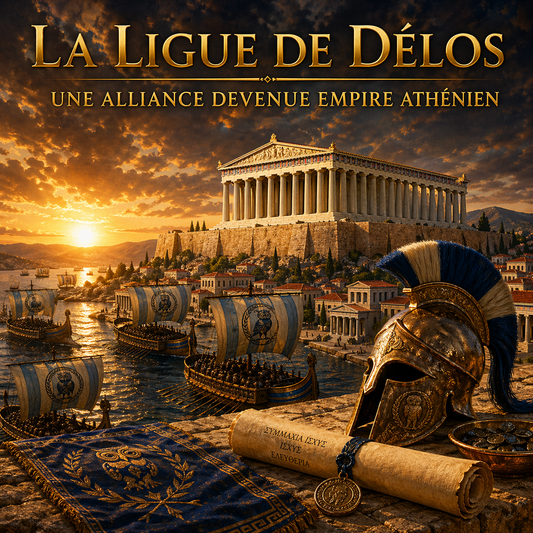 Flotte de la ligue de Délos dirigée par Athènes en mer Égée avec trières grecques et Acropole en arrière-plan, fiche histoire 6e