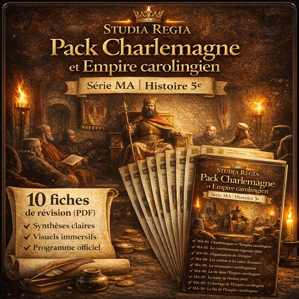 Pack Charlemagne et Empire carolingien – fiches de révision Histoire 5e PDF sur Charlemagne, l’Empire carolingien et le traité de Verdun