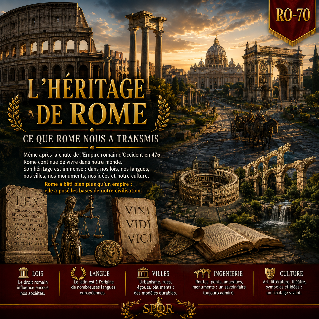 Pack Empire romain – 70 fiches RO-01 à RO-70 | Histoire 6e Studia Regia