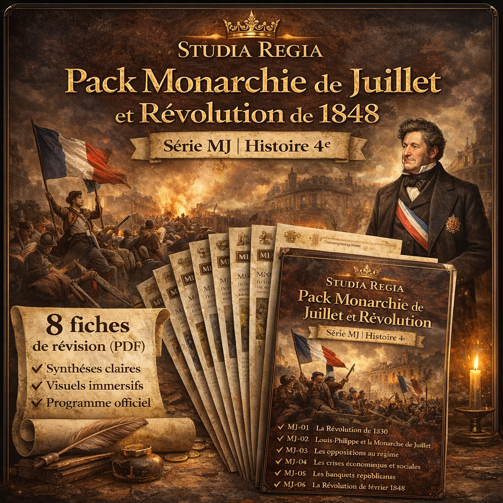 Pack Monarchie de Juillet et Révolution de 1848 – fiches de révision Histoire 4e PDF Studia Regia avec Louis-Philippe et barricades révolutionnaires