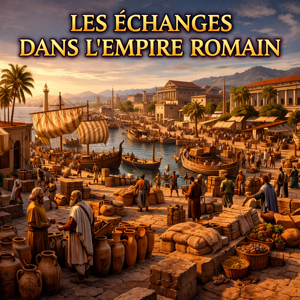 Les échanges dans l’Empire romain avec port antique, navires et commerce de marchandises – fiche histoire 6e Studia Regia