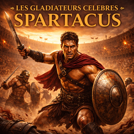 Spartacus gladiateur célèbre dans une arène romaine avec bouclier et glaive, combat de gladiateurs scène antique