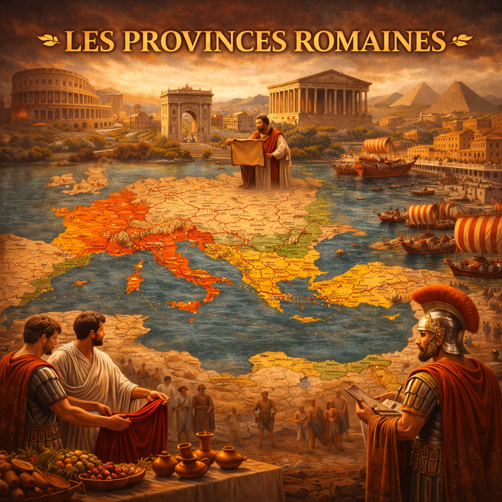 Carte des provinces de l’Empire romain avec personnages et monuments antiques, organisation du territoire romain – fiche histoire 6e Studia Regia