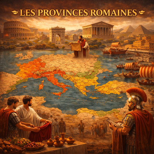 Carte des provinces de l’Empire romain avec personnages et monuments antiques, organisation du territoire romain – fiche histoire 6e Studia Regia