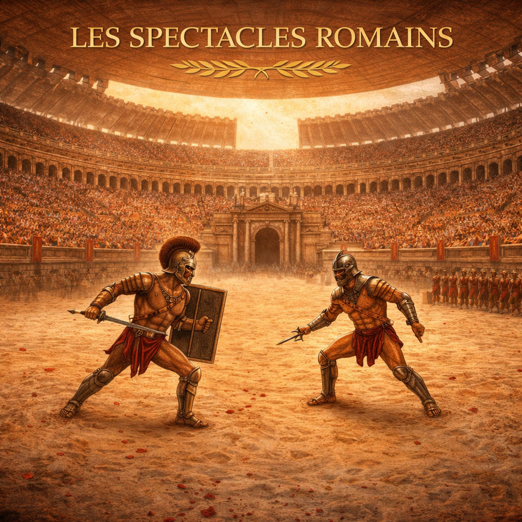 Combat de gladiateurs dans le Colisée devant une foule romaine – fiche histoire 6e Studia Regia